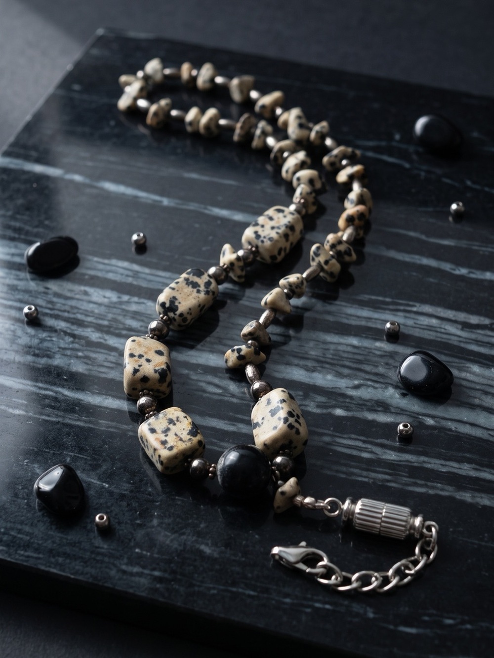 Handcrafted Dalmatian Jasper Stone Beaded Necklace 18” New!